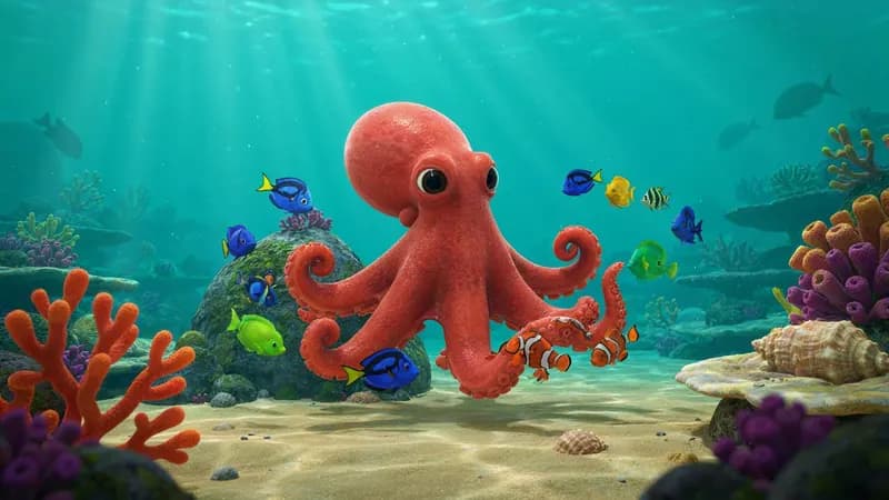 3D Animation style example scene: 5 fun facts about octopuses