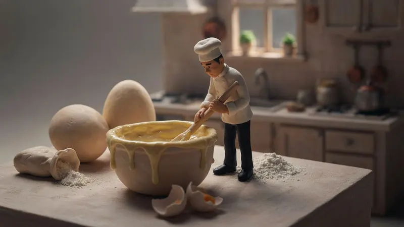 Claymation style example scene: A day in the life of a tiny chef