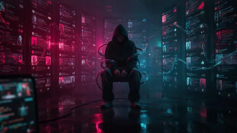 Neon Cyberpunk style example scene: The dark side of social media algorithms
