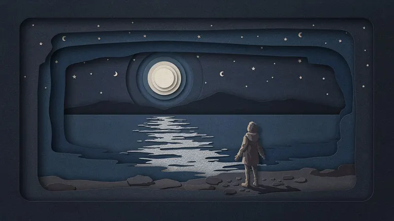 Paper Cutout style example scene: A fairy tale about the moon and the sea
