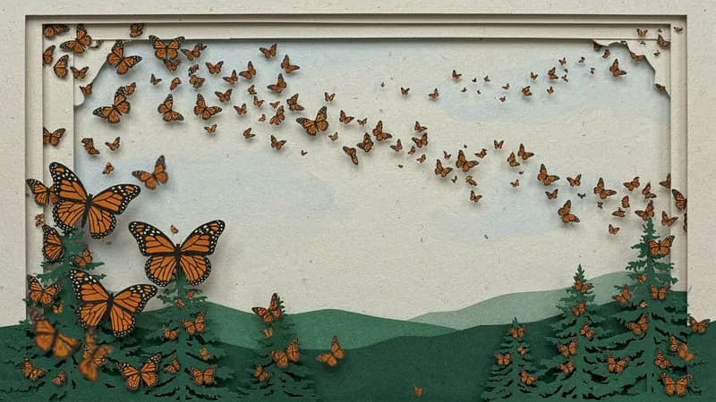 Paper Cutout style example scene: The great migration of monarch butterflies