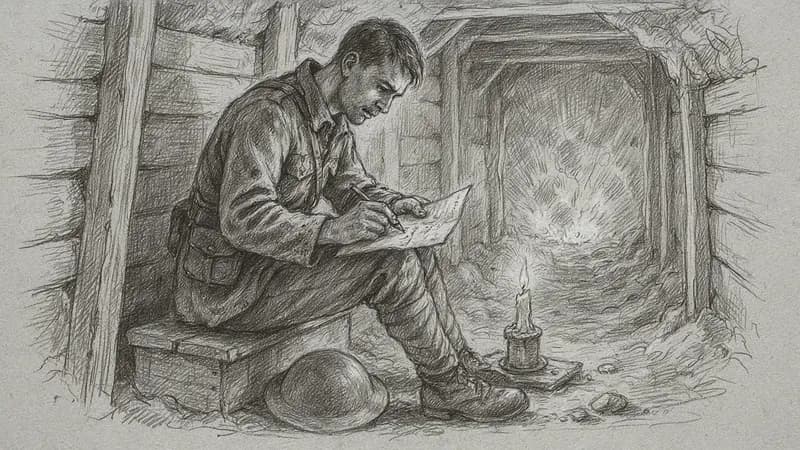 Pencil Sketch style example scene: Letters home from a WWI soldier
