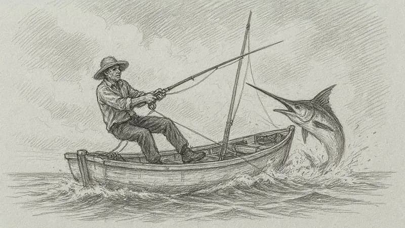 Pencil Sketch style example scene: An old fisherman and the sea