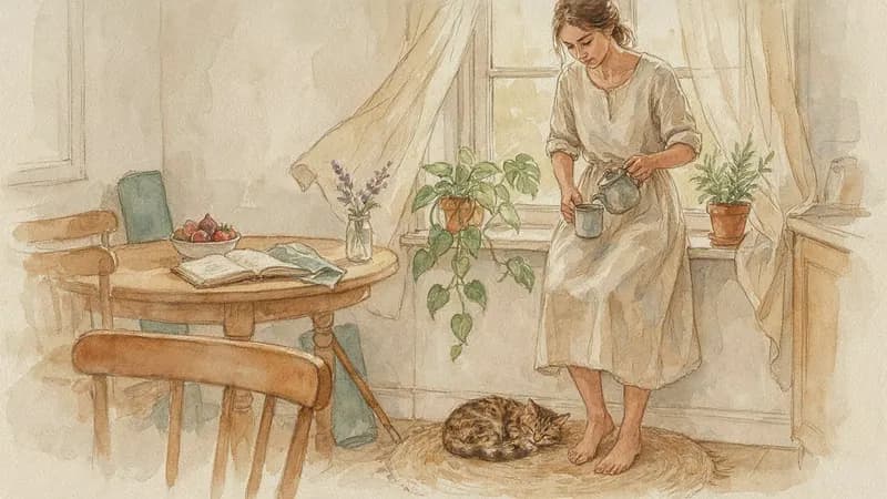 Watercolor style example scene: 5 calming habits for a slow morning