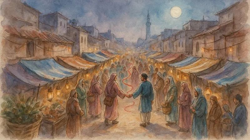 Watercolor style example scene: The legend of the red thread of fate