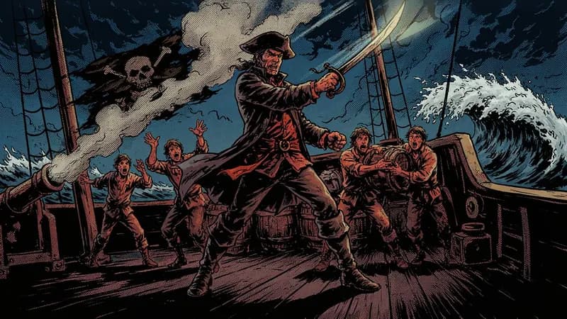 Comic Book style example scene: The rise of the most feared pirate who ever lived