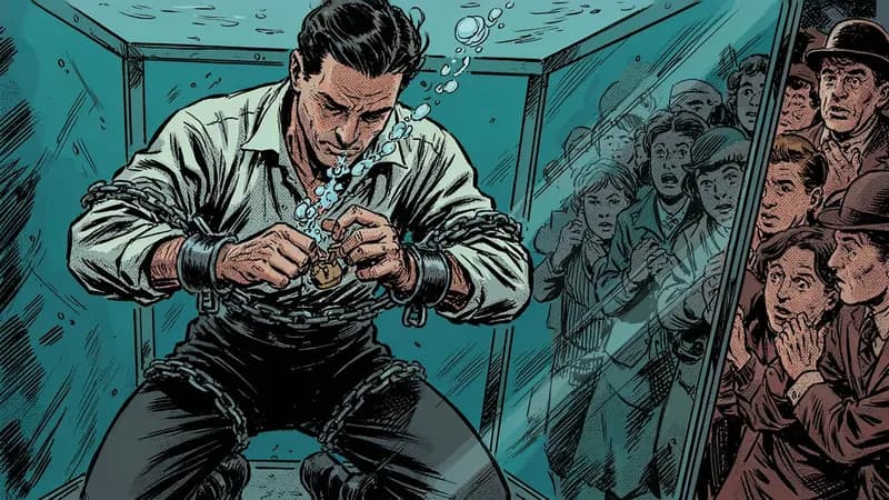 Comic Book style example scene: How Houdini escaped everything
