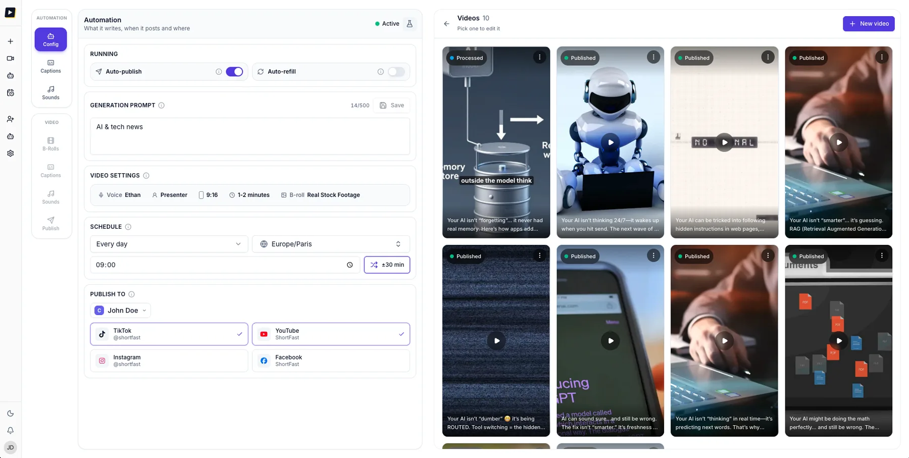 ShortFast app: an automation set to write, schedule and auto-publish daily, next to the grid of videos it already published