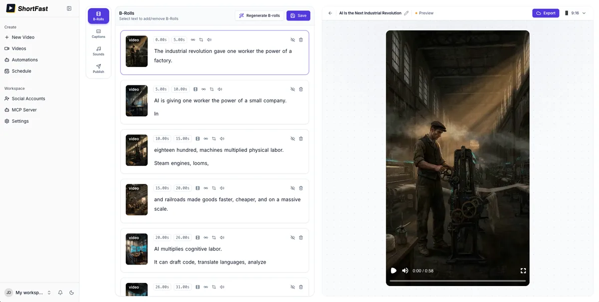 ShortFast B-roll editor: every script line paired with a clip, with the vertical preview alongside
