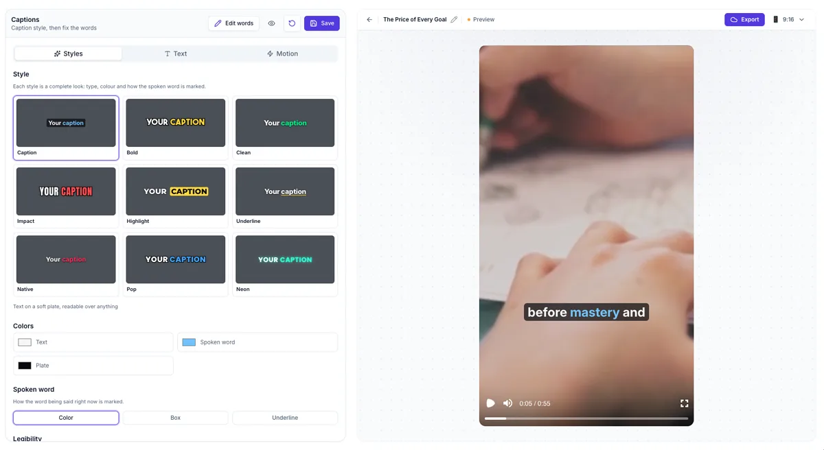 ShortFast caption styles: nine presets with color and spoken-word controls, previewed on the video