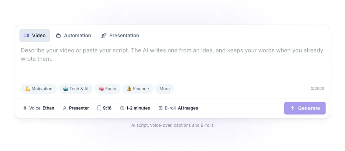 ShortFast composer: describe a video or paste a script, then pick a niche, voice, format and B-roll style