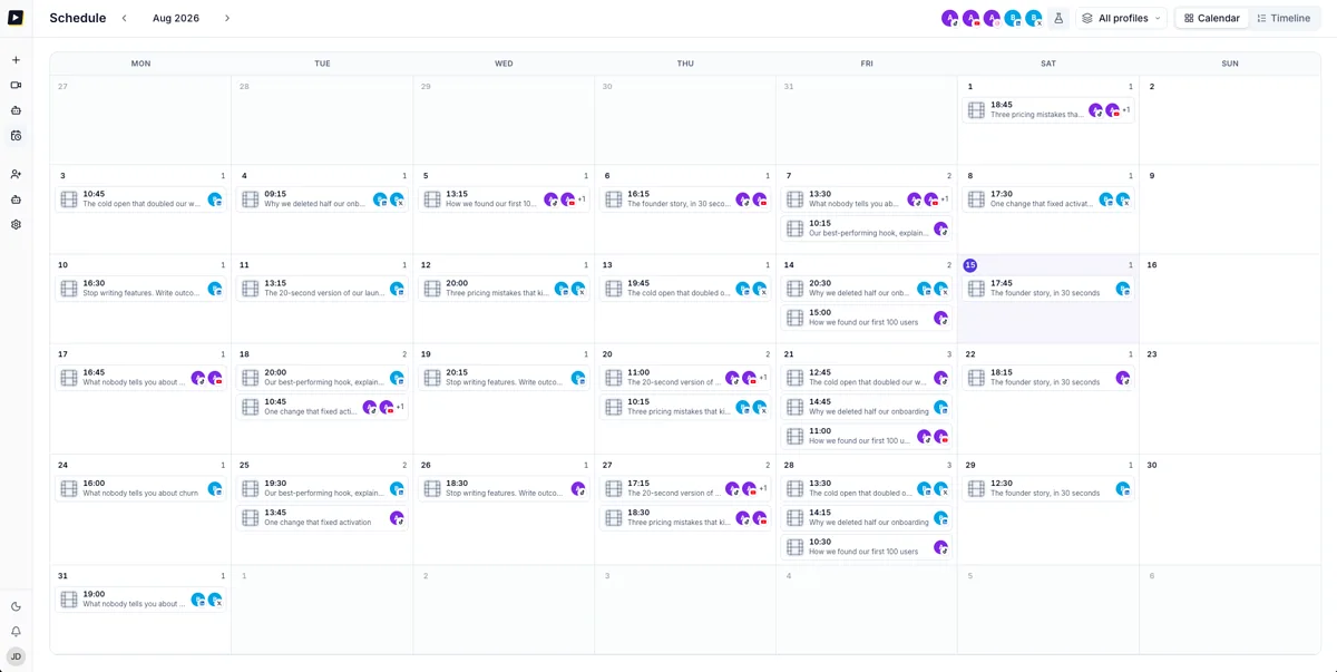 ShortFast schedule: a month of videos queued across the connected social accounts