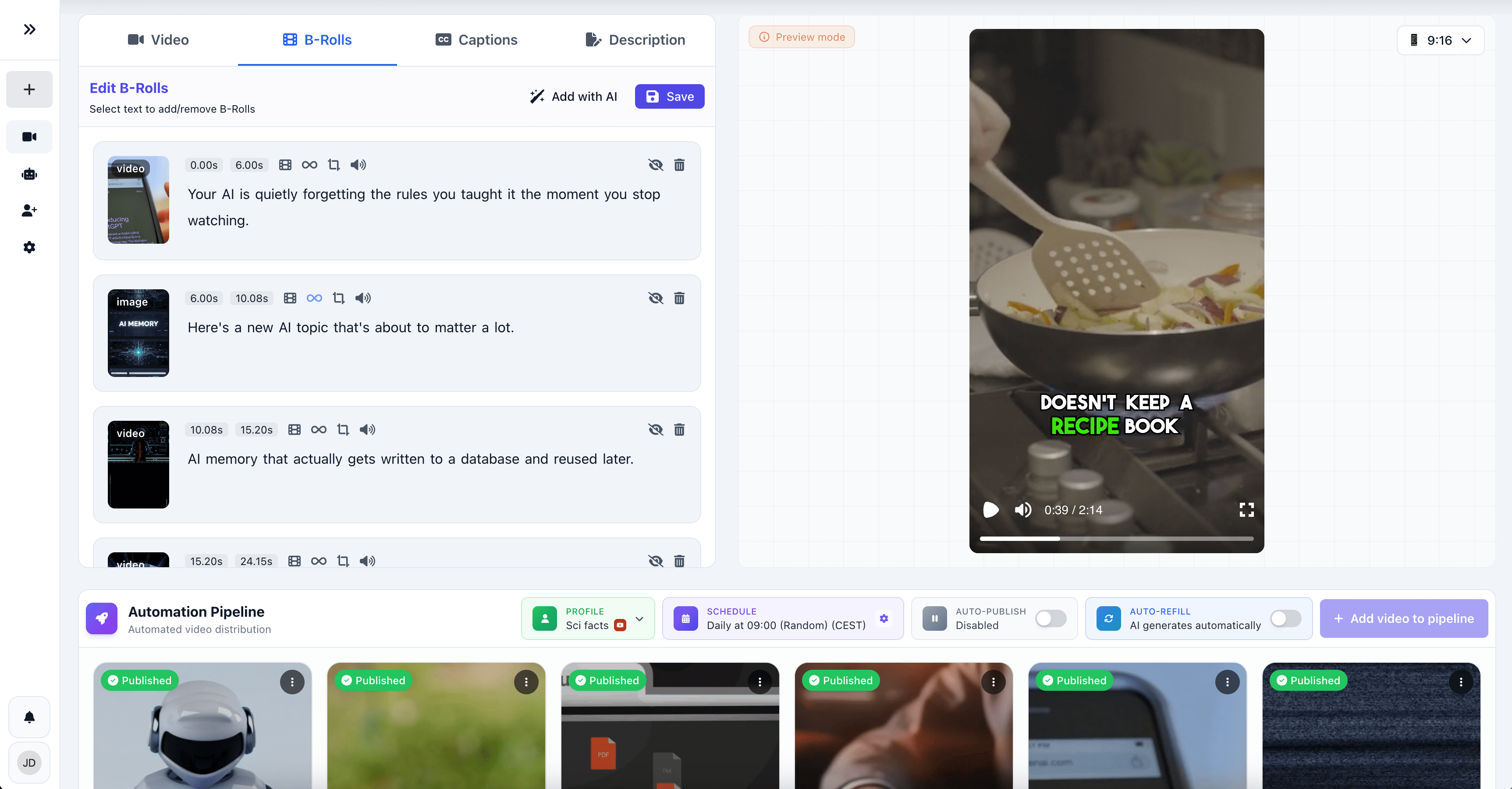 ShortFast app: a faceless video built from real-footage B-roll and captions, with the automated daily publishing pipeline below